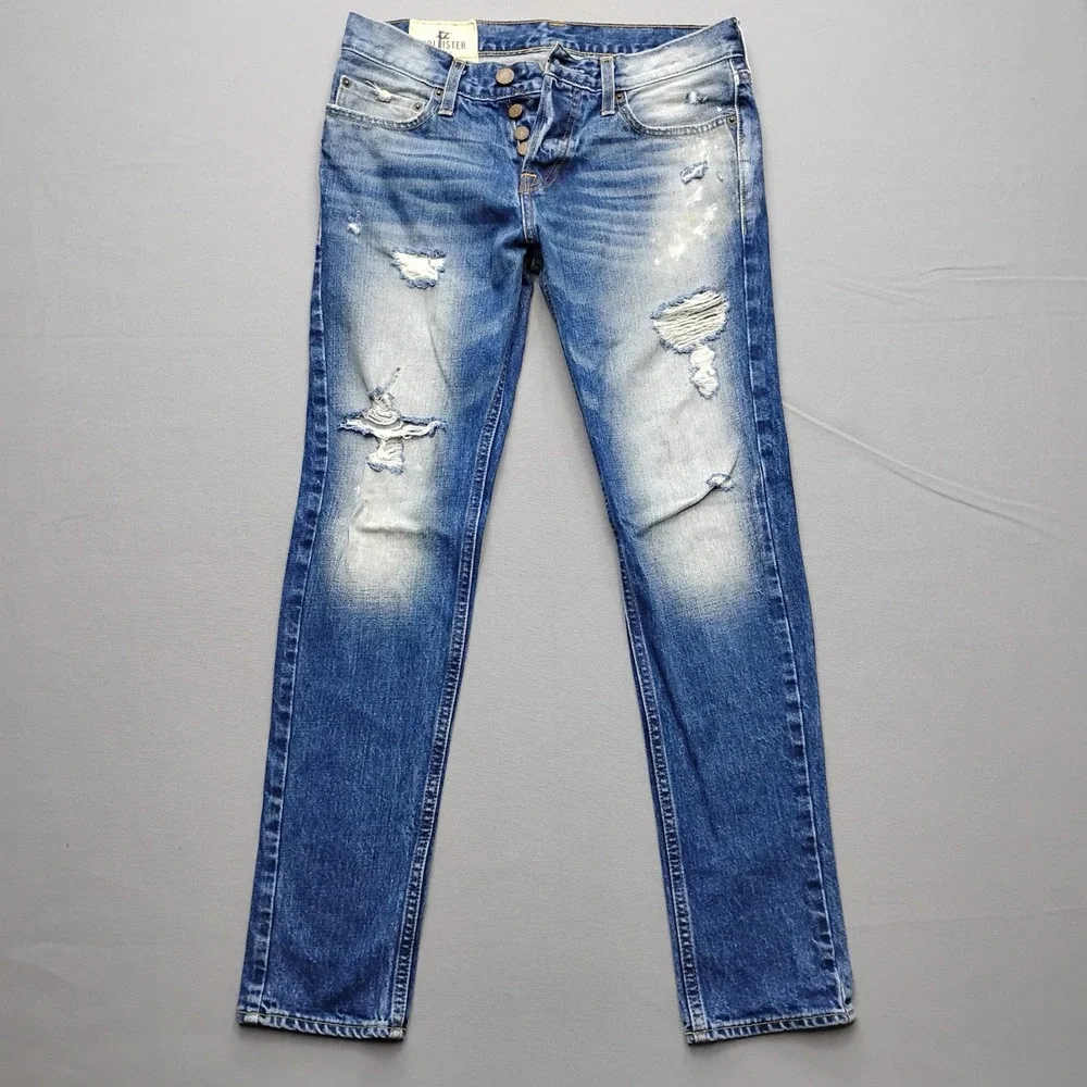 Hollister Super Skinny Distressed Jeans Mens 30x30 Blue Denim Button Fly